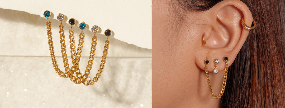 Multistone Double Stud Chain Earring