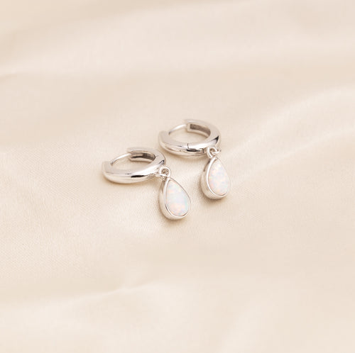 Opal Cabochon Silver Hoop Earrings