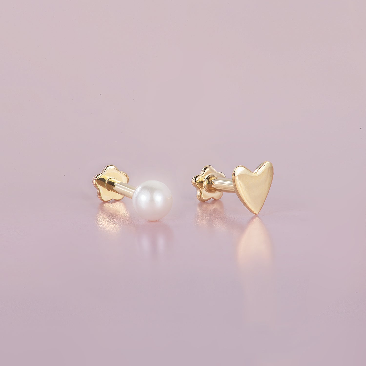 14K Solid Gold Heart Pearl Flatback Earring Set