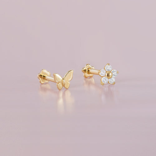 14K Solid Gold Butterfly And Bloom Flatback Earring Set