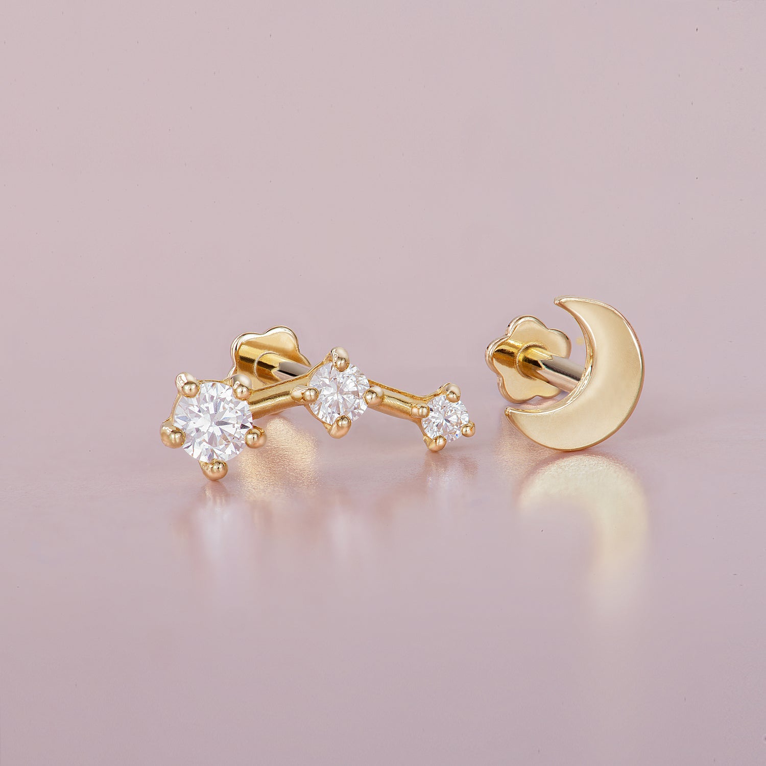 14K Solid Gold Star And Moon Flatback Earring Set