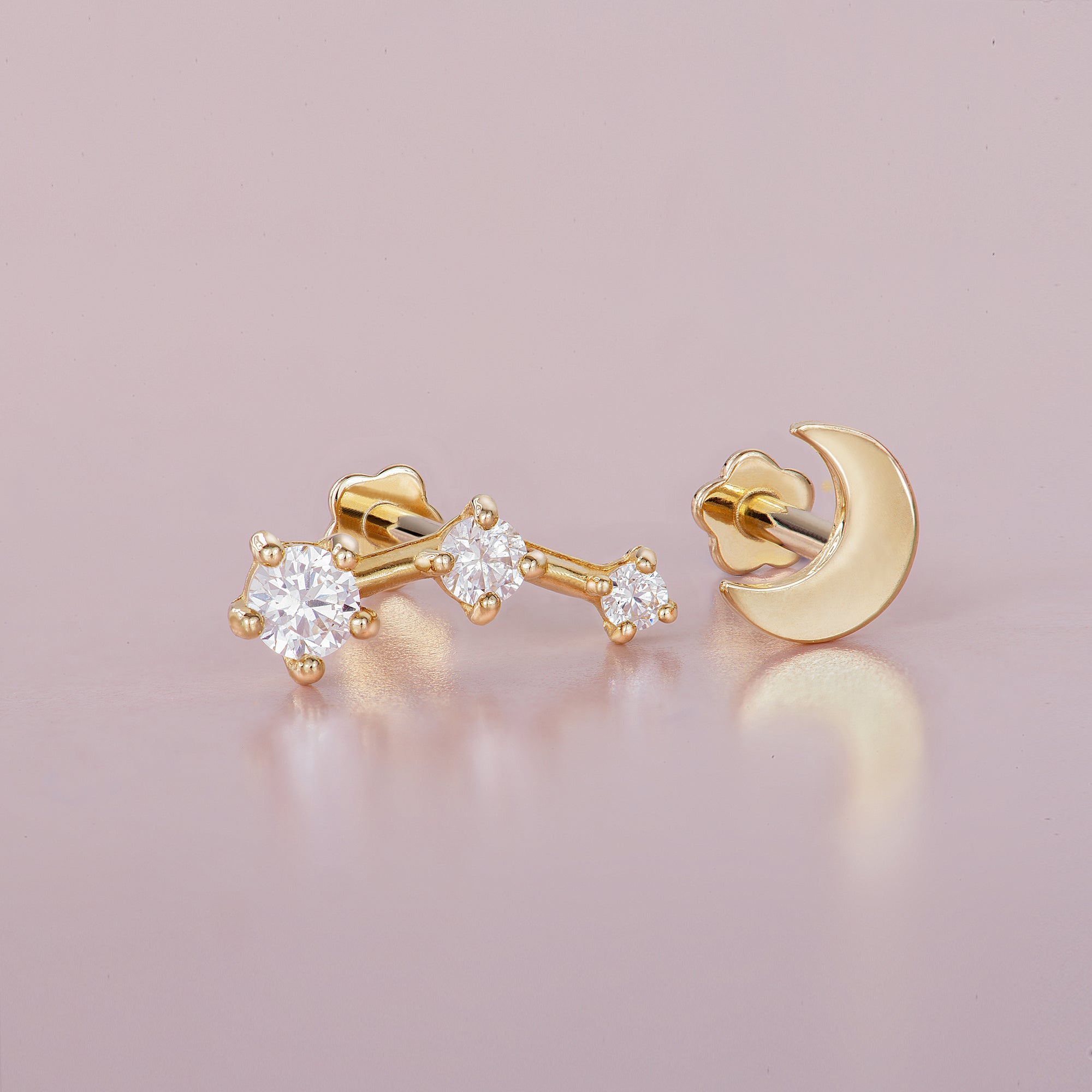 14K Solid Gold Star And Moon Flatback Earring Set