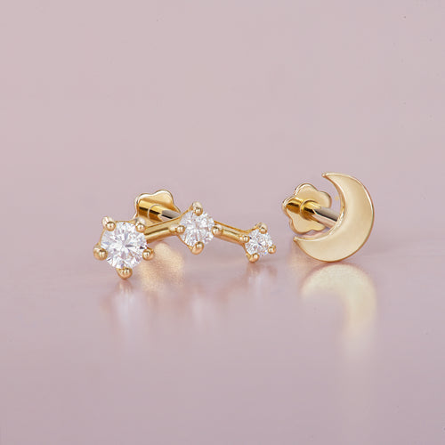 14K Solid Gold Star And Moon Flatback Earring Set