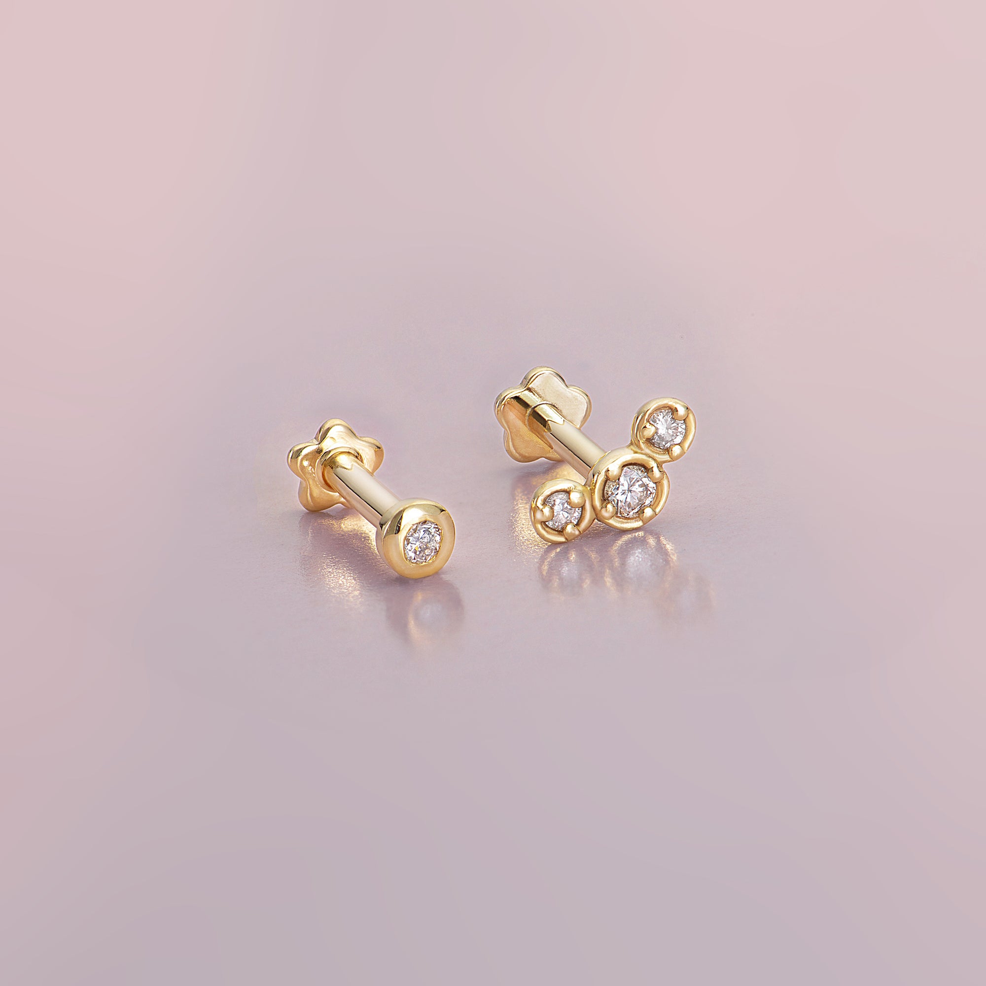 14K Solid Gold Baby Bezel Diamond Flatback Earring Set