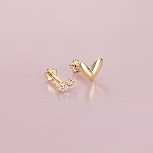 14K Solid Gold SweatHeart And Curve Flatback Earring Set