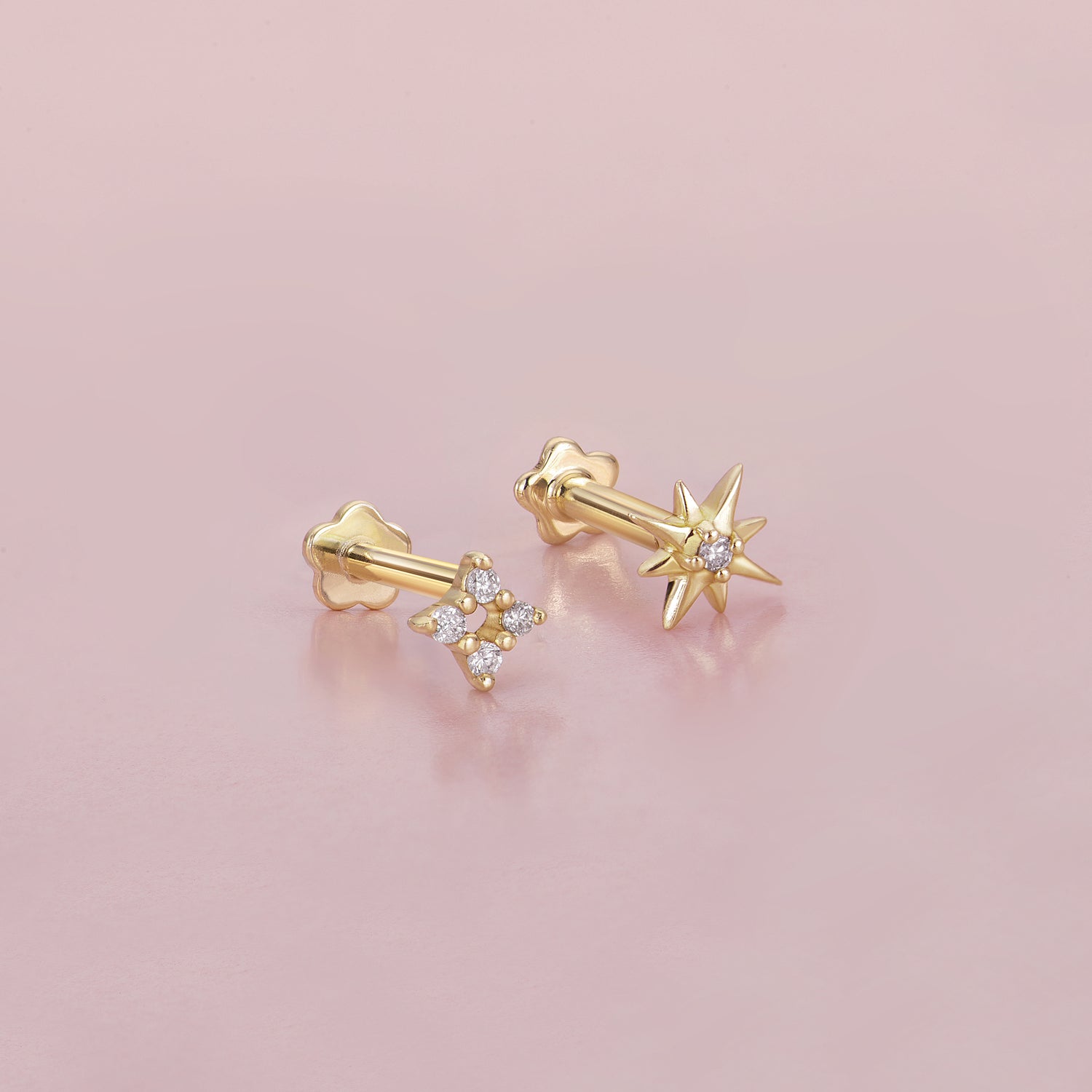 14K Solid Gold Starburst And Starlight Diamond Flatback Earring Set