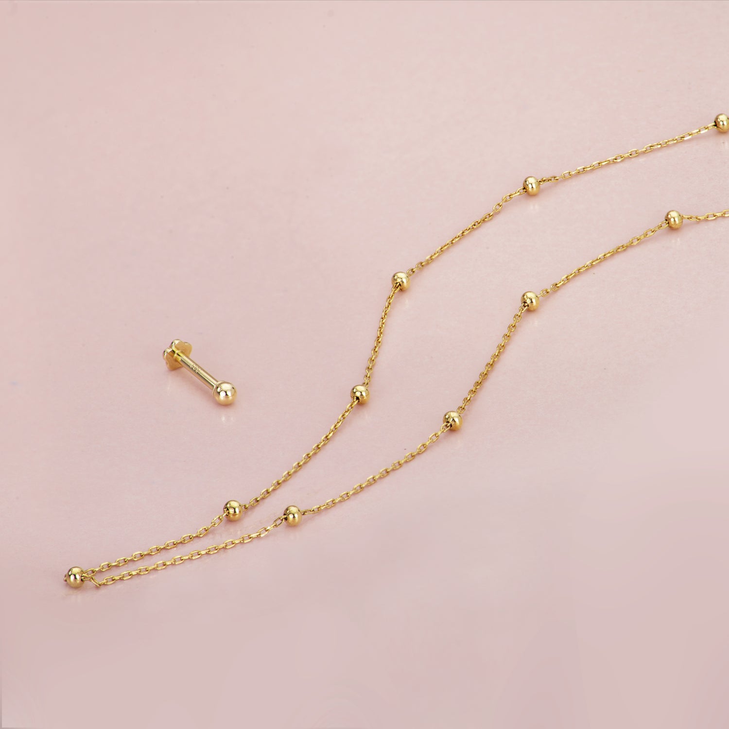 14K Solid Gold Baby Ball Flatback Earring And Necklace Set