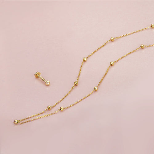 14K Solid Gold Baby Ball Flatback Earring And Necklace Set