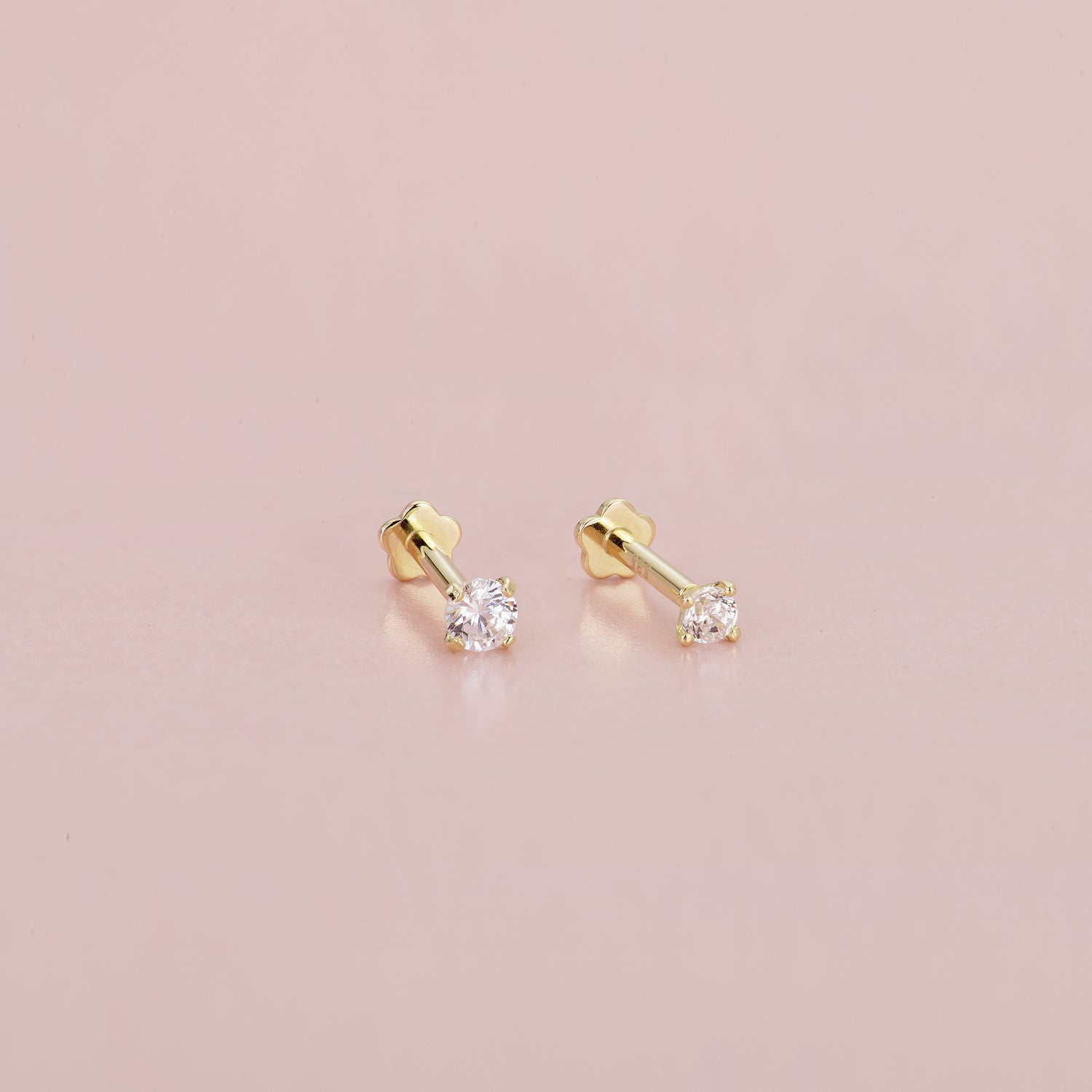 14K Solid Gold Solitaire Flatback Earring Set