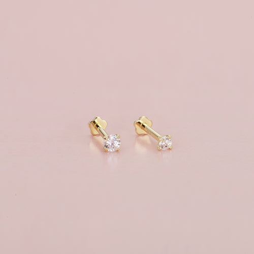 14K Solid Gold Solitaire Flatback Earring Set