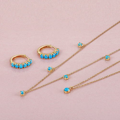 14K Solid Gold Turquoise Hoop Earrings And Necklace Set