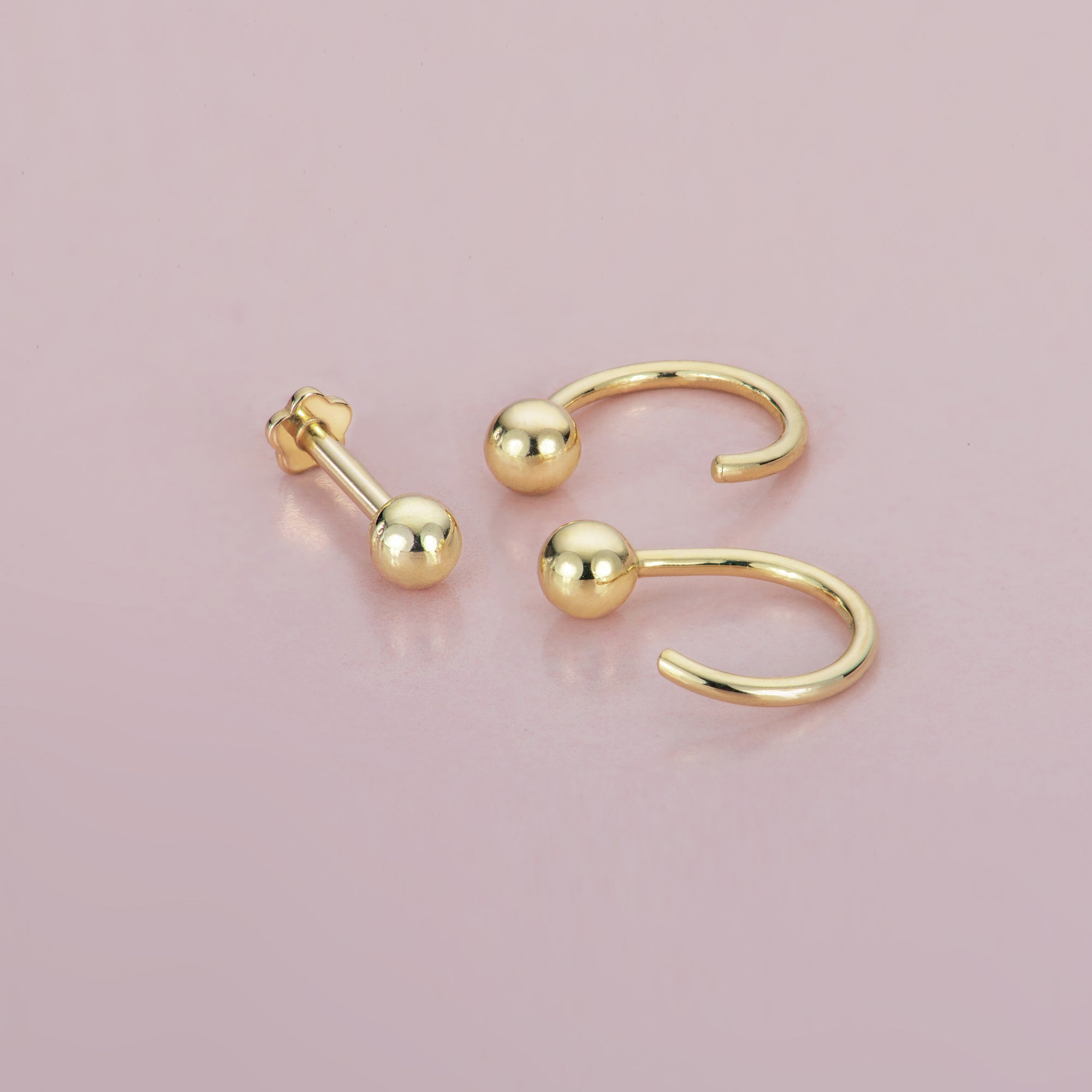 14K Solid Gold Ball Flatback Earring And Open Huggie Set