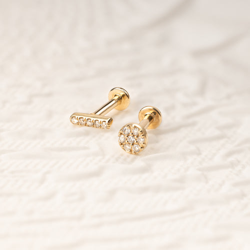 14K Solid Gold Diamond Bar Threaded Labret Earring