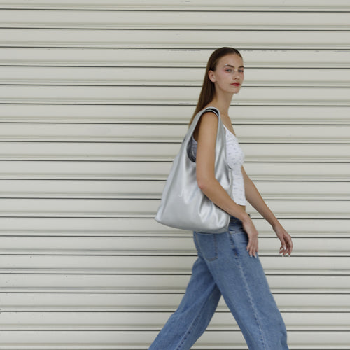 Silver Leather Tote Bag