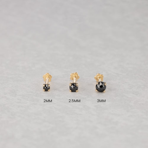 14K Solid Gold Tiny Black Diamond Flatback Earring - 3mm