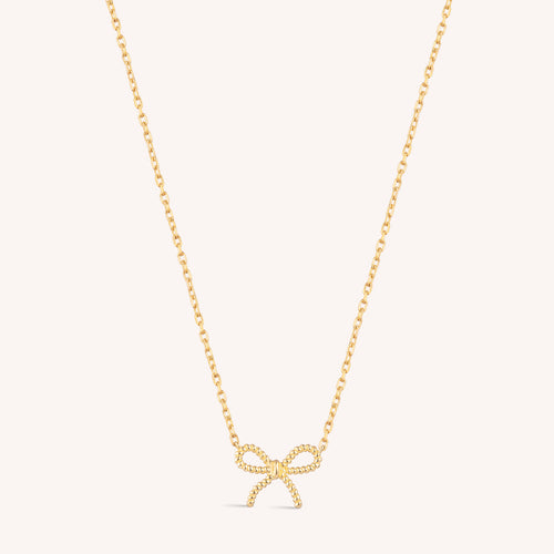 14K Solid Gold Micro Bow Flatback Earring And Necklace Set