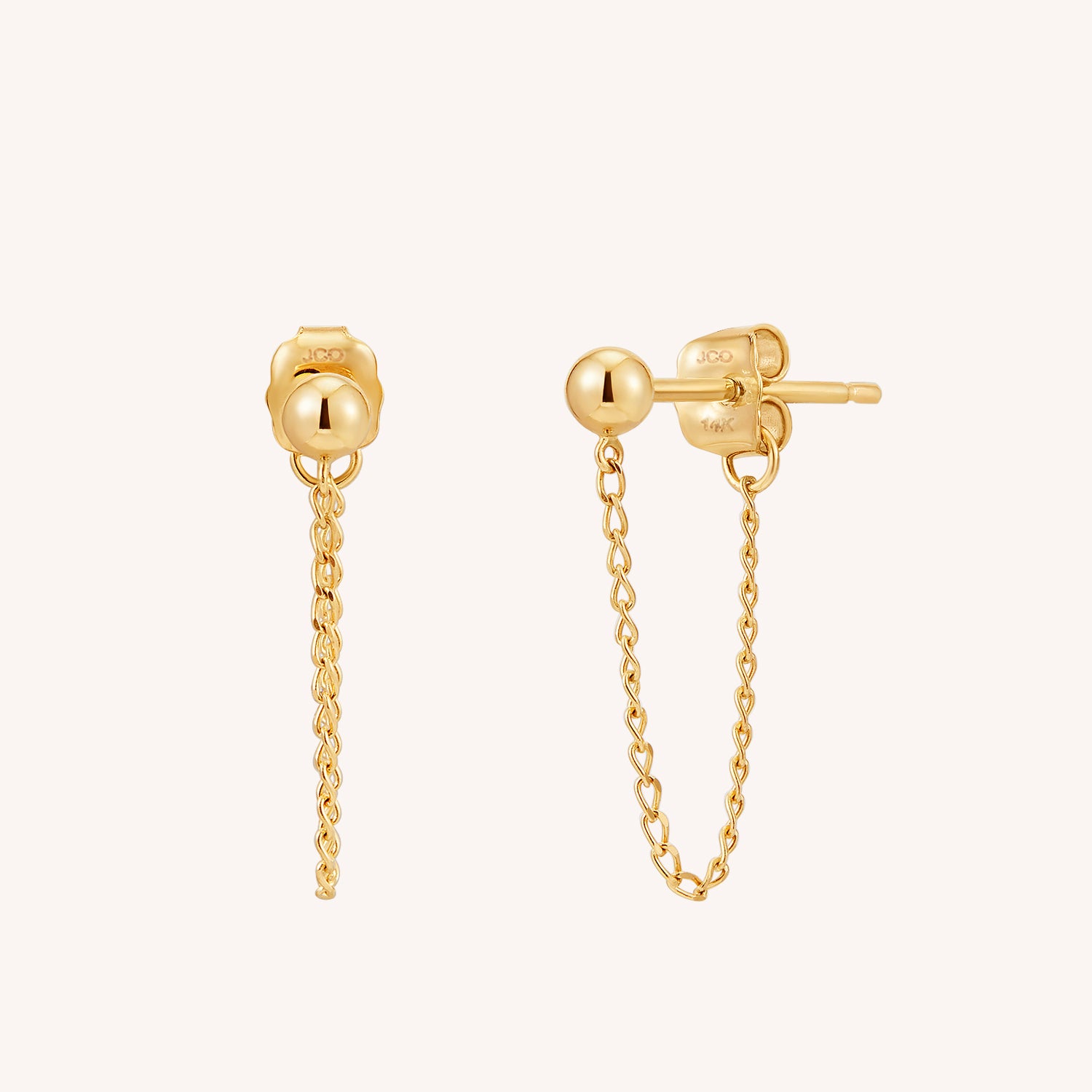 14K Solid Yellow Gold Ball Chain Stud Earrings