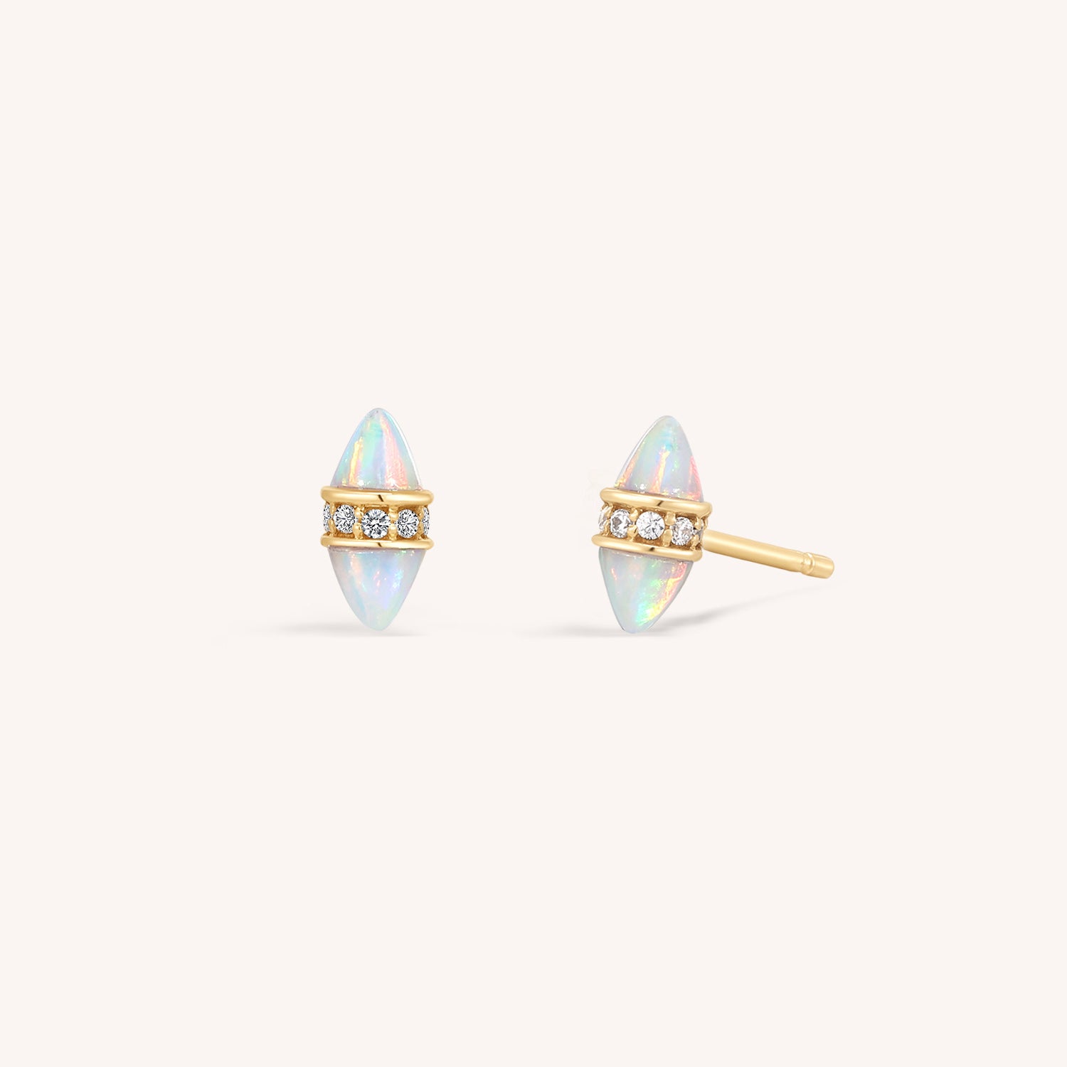 14K Solid Gold Opal Marquise Diamond Stud Earrings