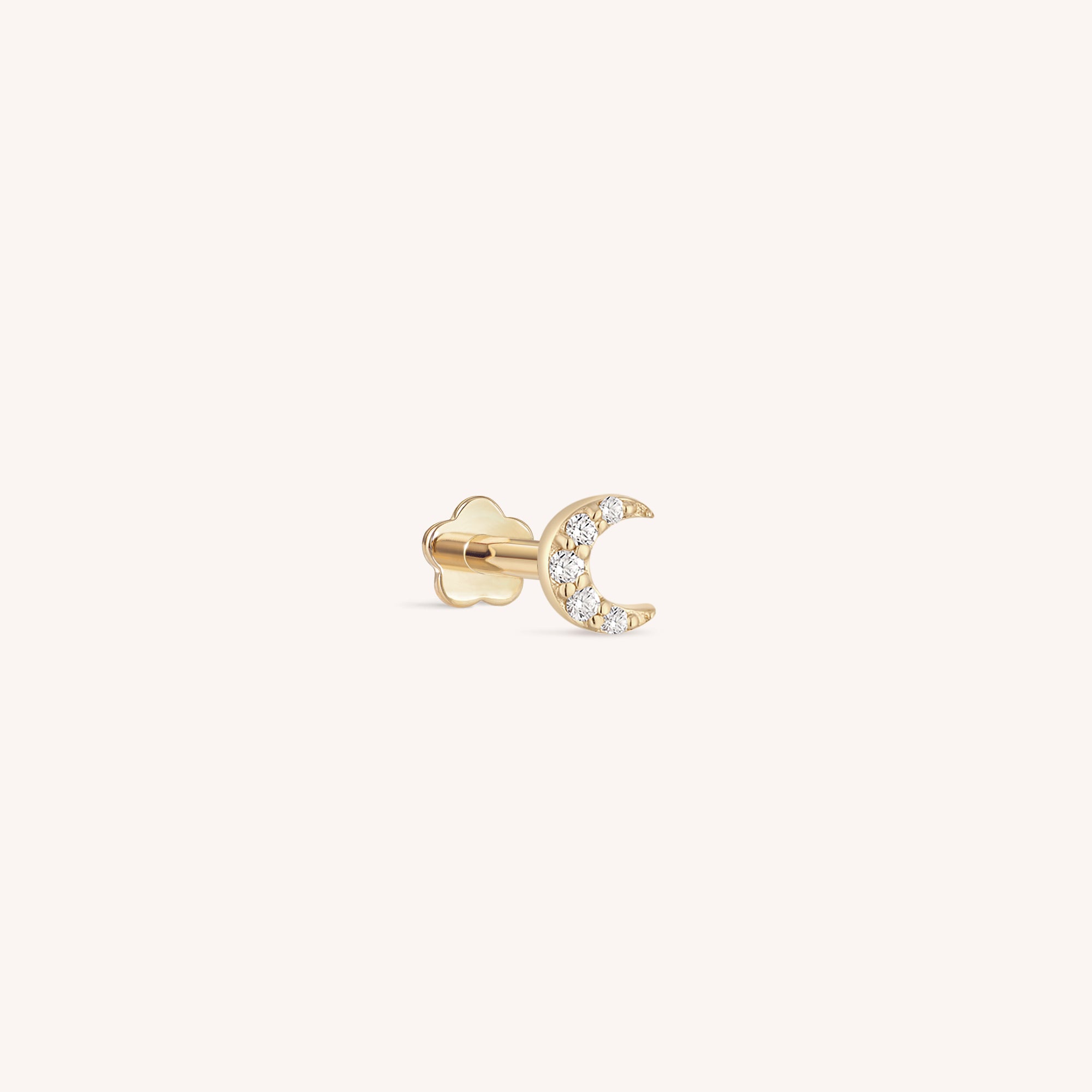 14K Solid Gold Pave Diamond Moon Labret Earring