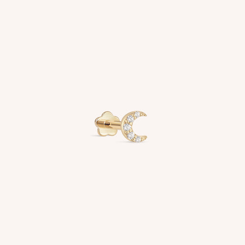 14K Solid Gold Pave Diamond Moon Labret Earring