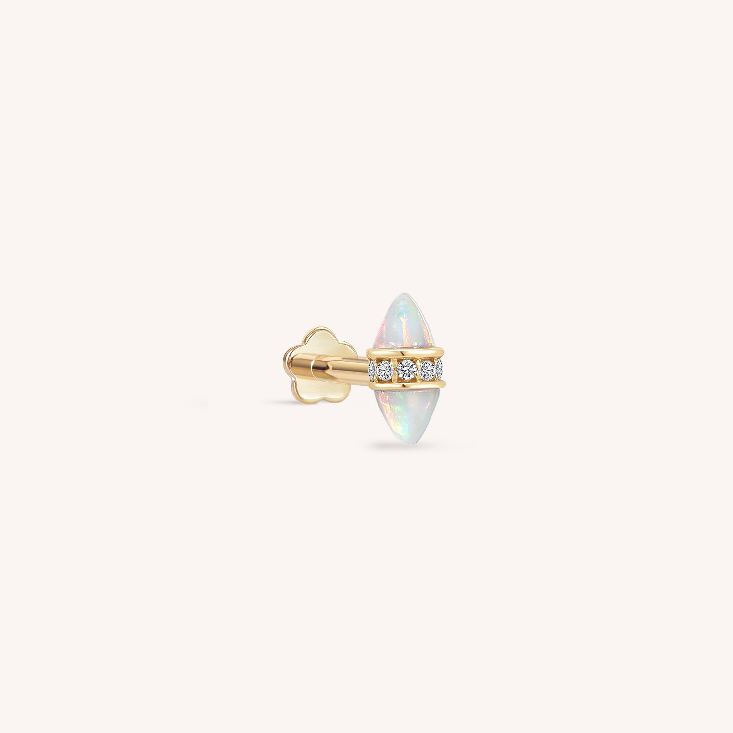 14K Solid Gold Opal Marquise Diamond Threaded Flatback Earring