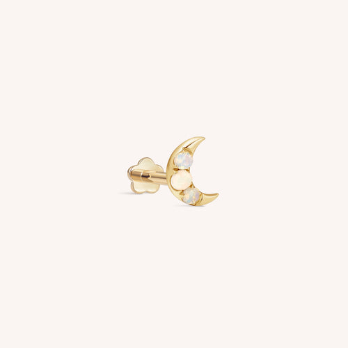 14K Solid Gold Opal Crescent Moon Flatback Earring