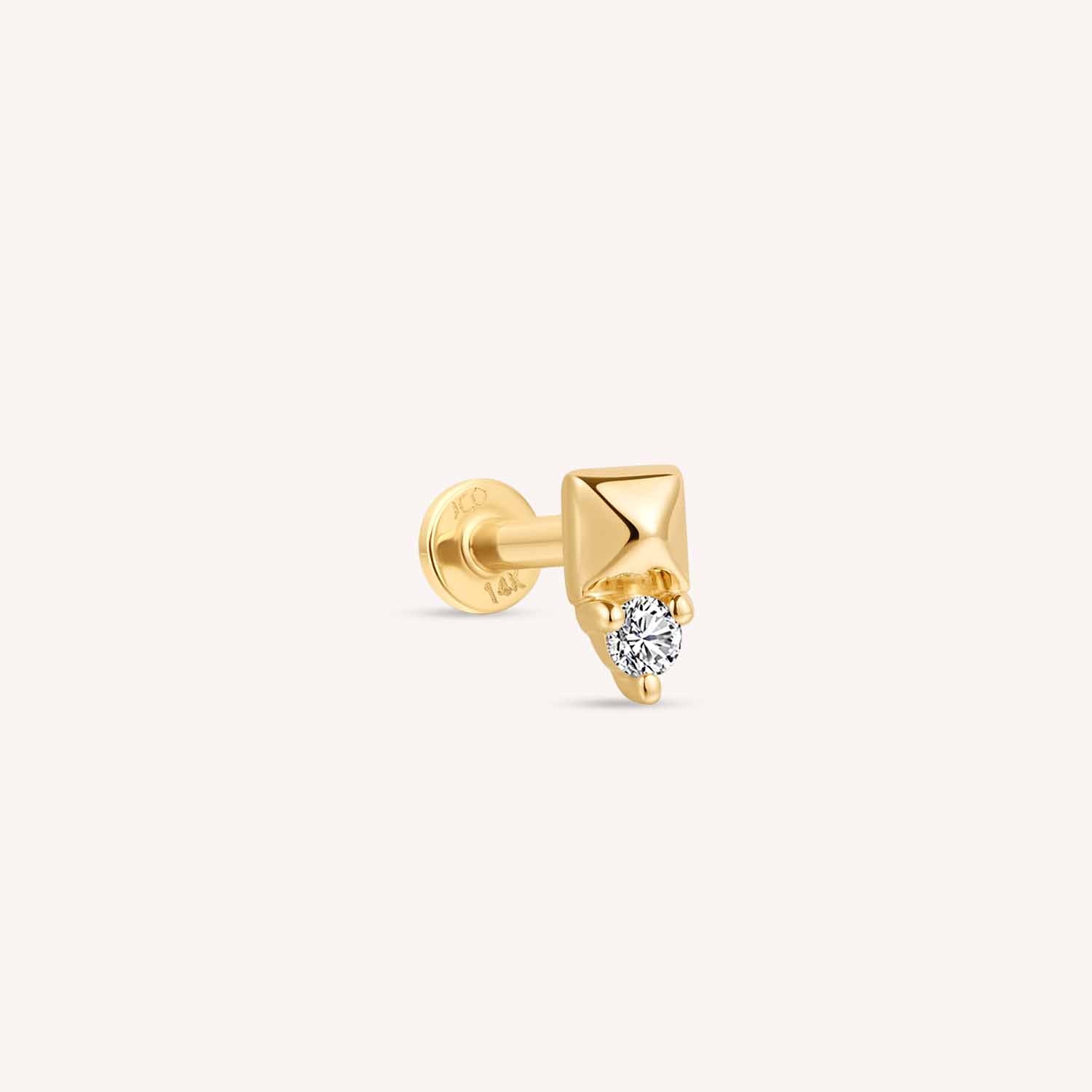 14K Solid Gold Pyramid Diamond Flatback Earring