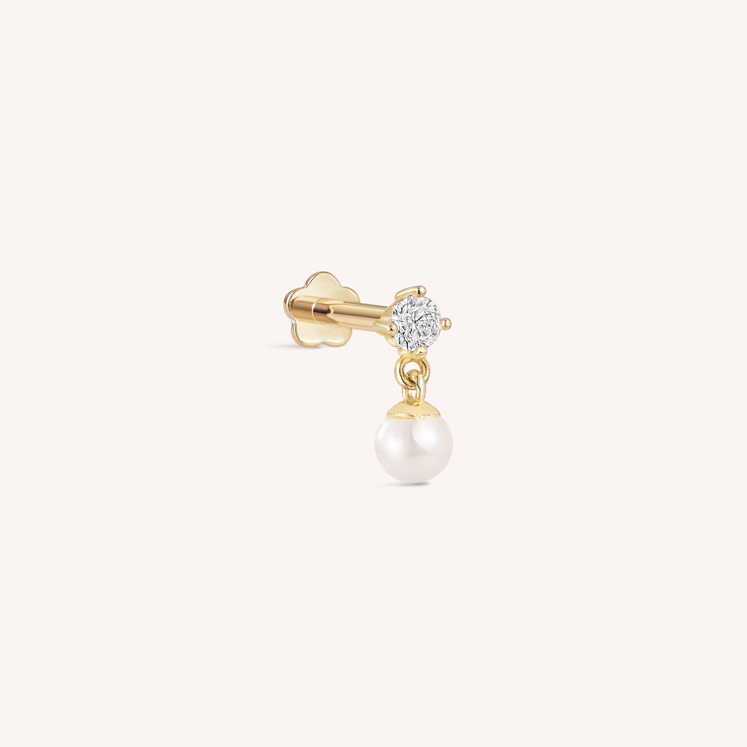 14K Solid Gold Dangle Pearl Flatback Earring