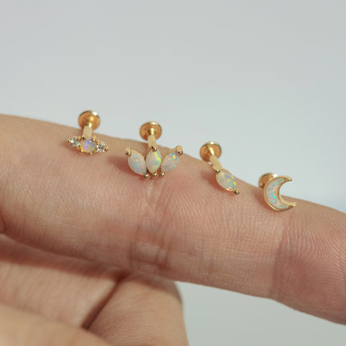 14K Solid Gold Opal Marquise Trio Threaded Labret Earring