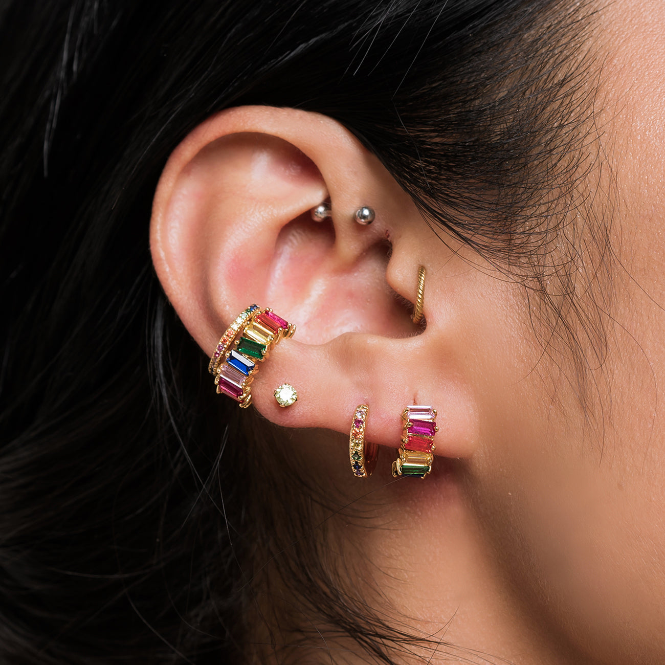 Rainbow Baguette Huggie Earrings