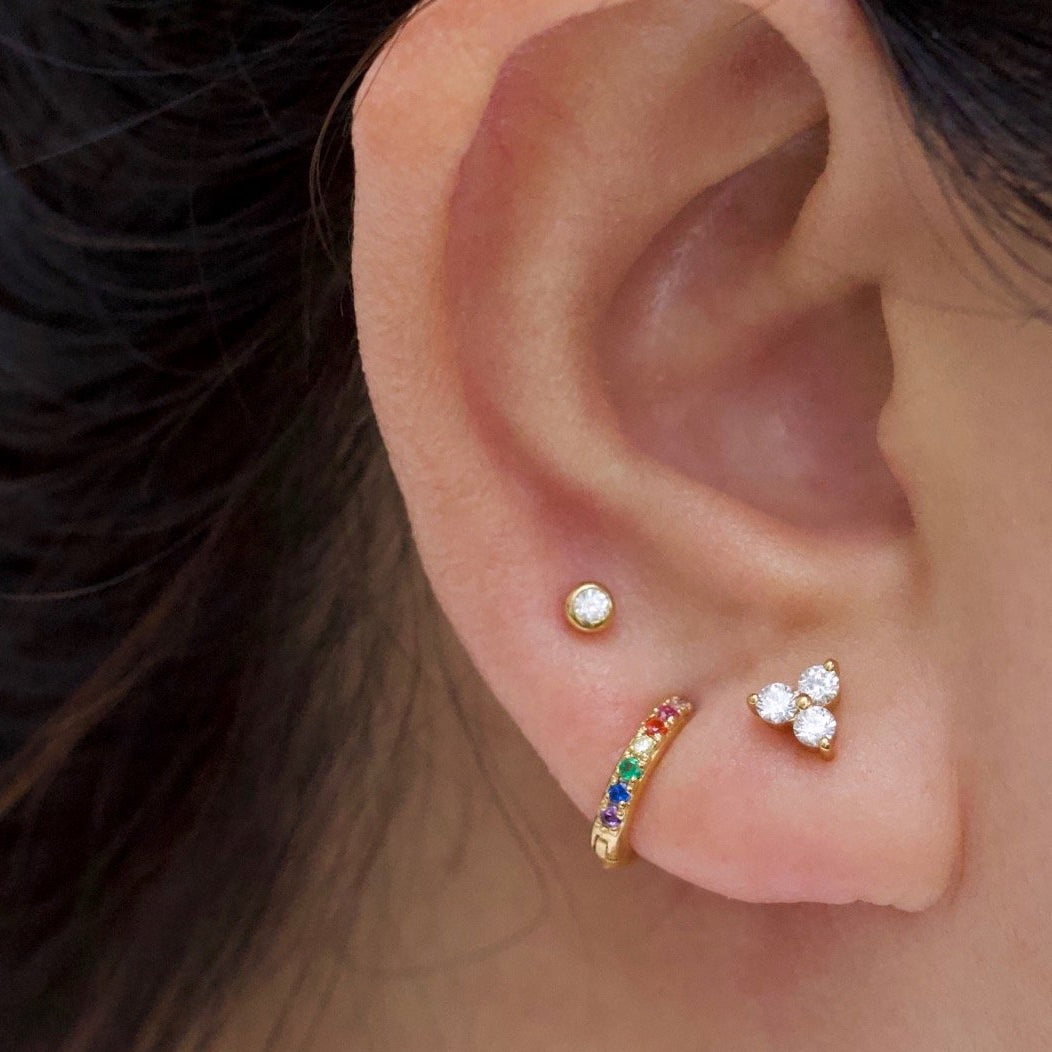 Rainbow Mini Huggie Earring Is Made With One Row Of online Moissanite Diamond And Second Row Of Multi-Colored Rainbow Studs Earrings Jewelry.